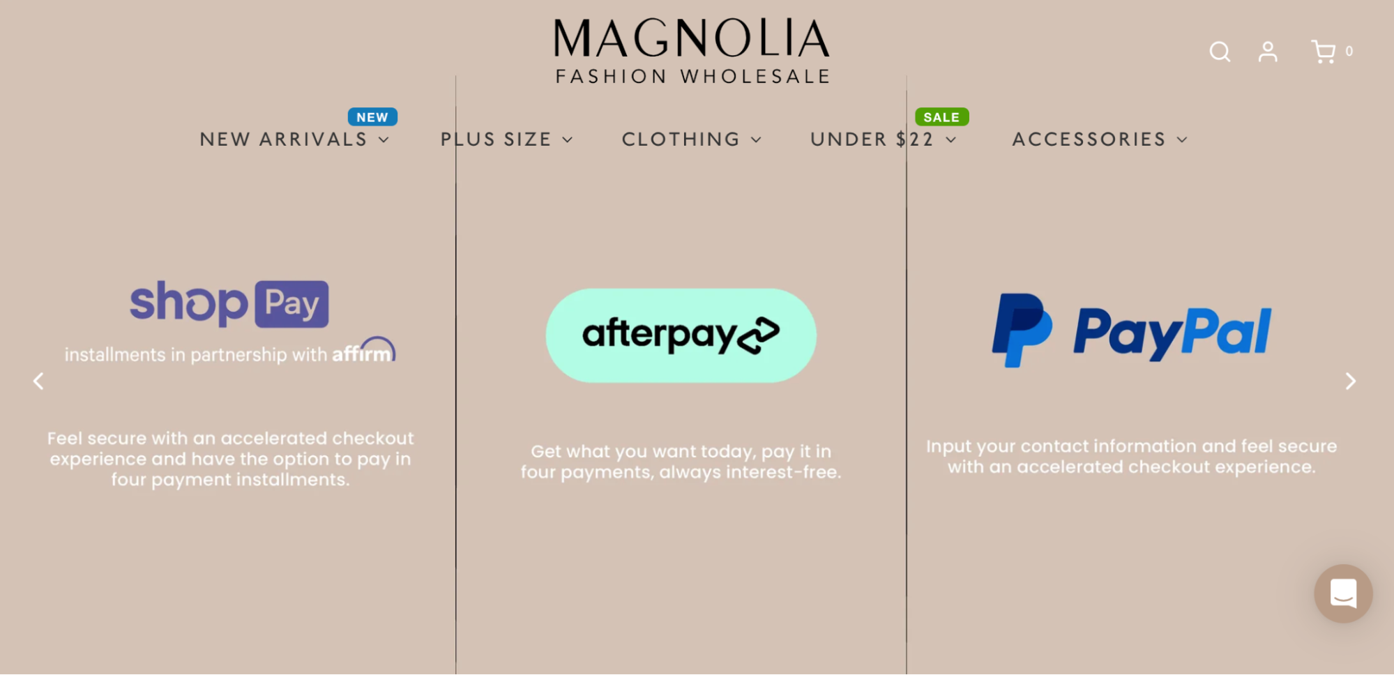 Magnolia Fashion Wholesale website promoting flexible payment options including ShopPay.