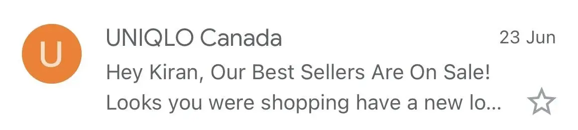  UNIQLO Canada using personalization in an email subject line