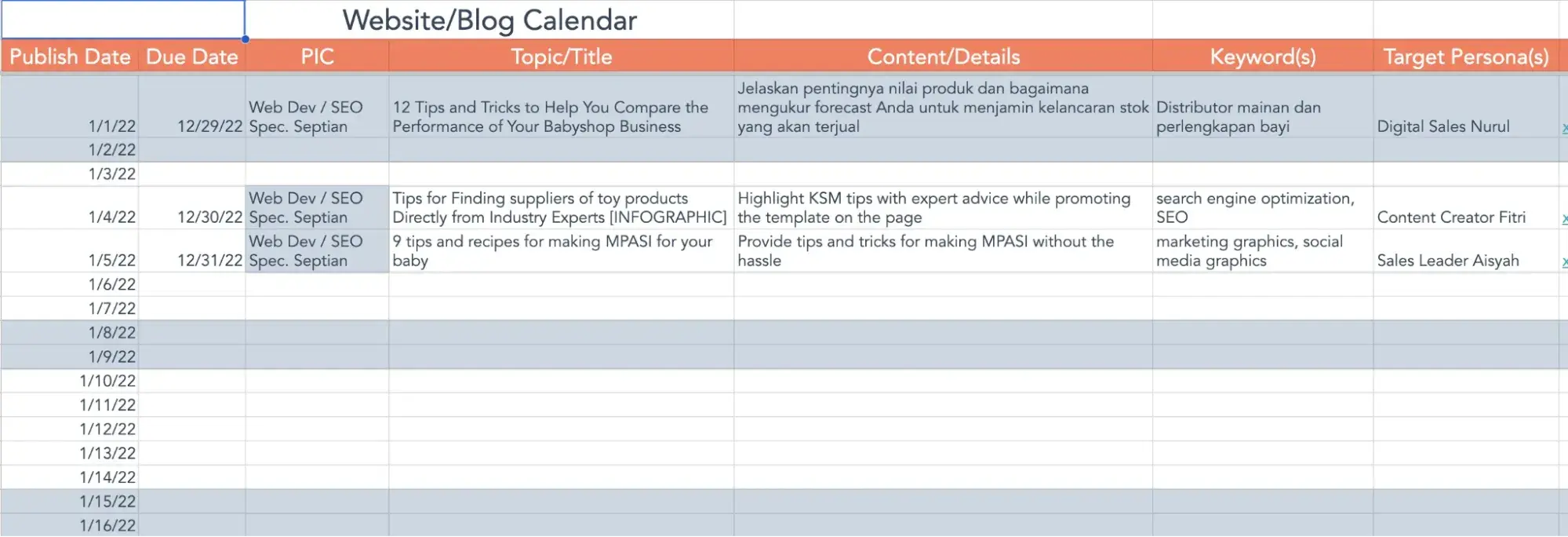 Free excel blog editorial calendar marketing plan template