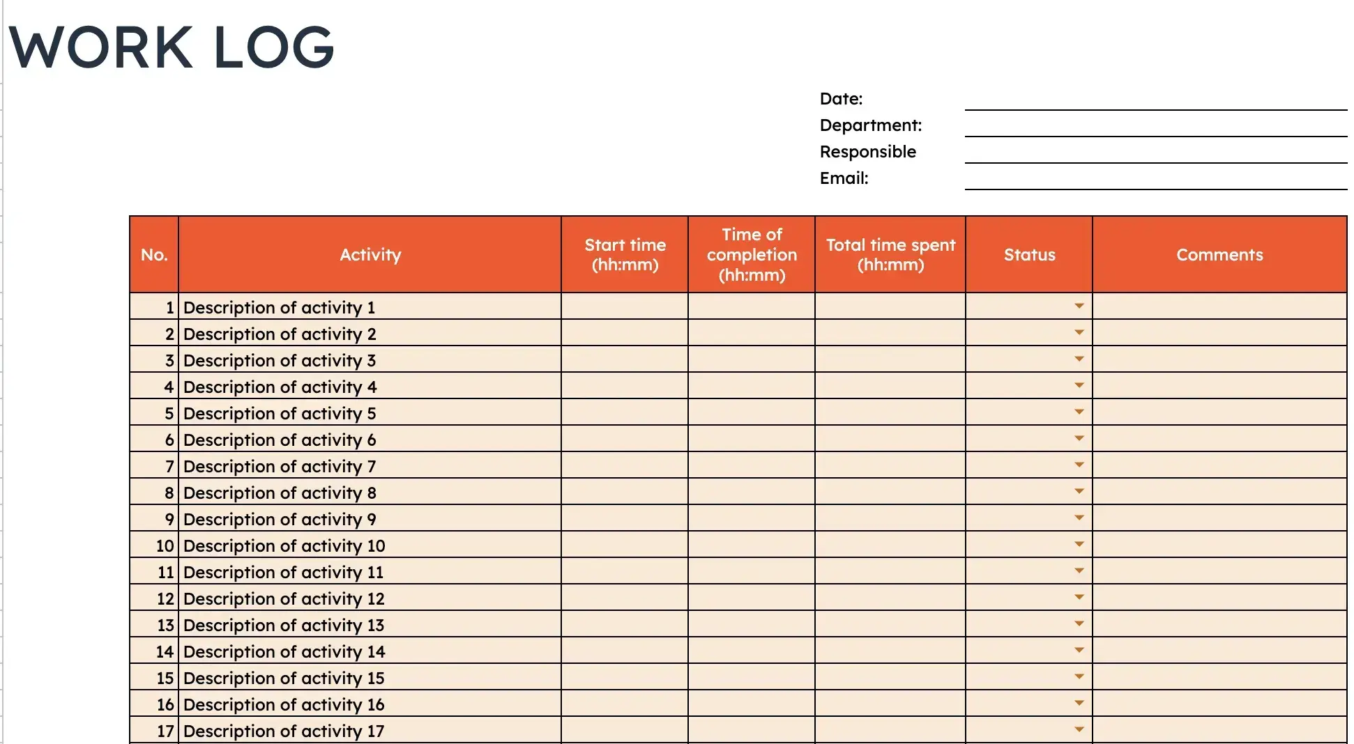 free excel work log template