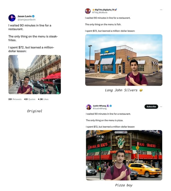 example of the evolution of three meme marketing posts on X (formerly Twitter)