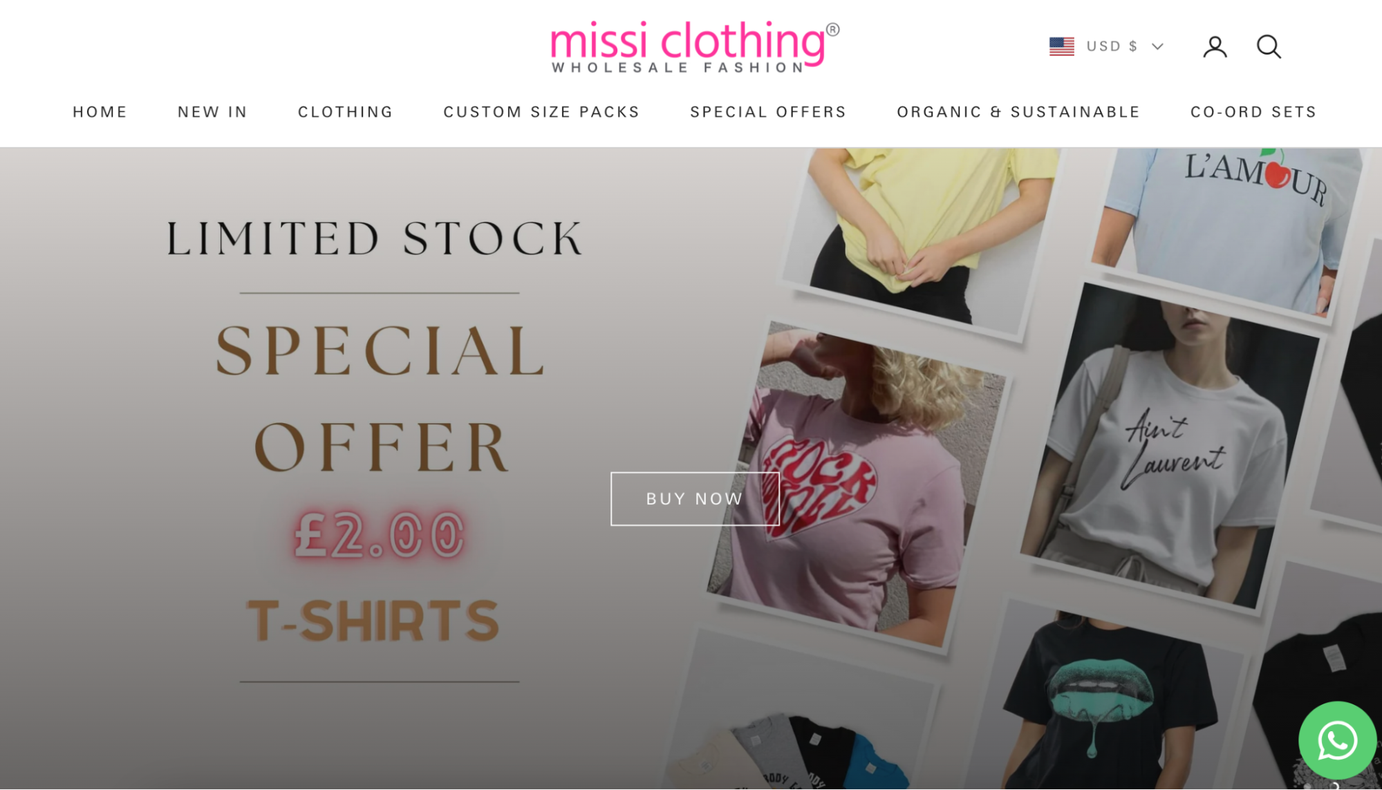 Missi Clothing website highlighting a special offer on graphic t-shirts, limited stock available.