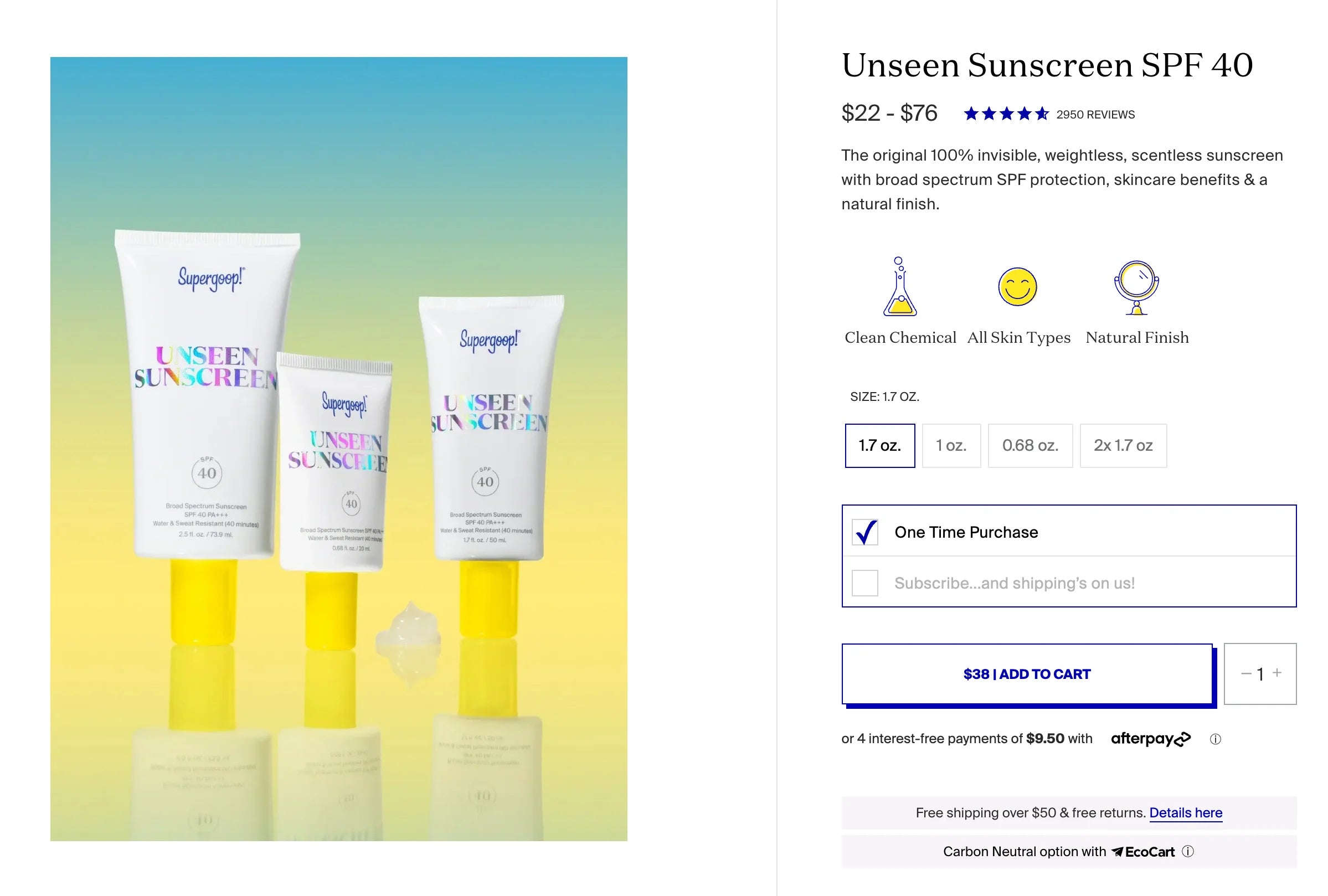 Supergoop Unseen Sunscreen’s product page with free shipping and returns.