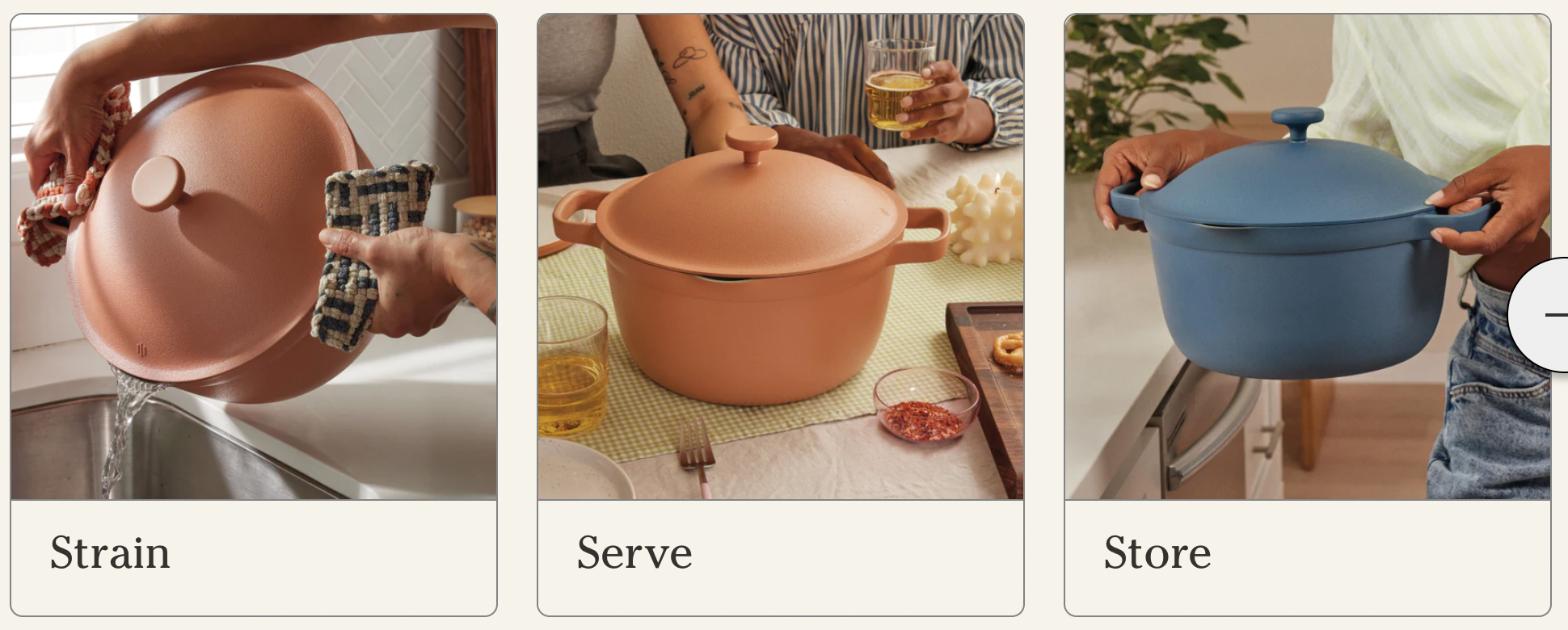 Three close-up images show diverse people happily holding pots and pans in their kitchens.