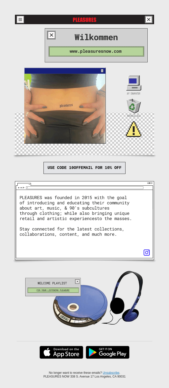 An email with text boxes designed to appear as retro Windows pop-ups and an image of a Discman.