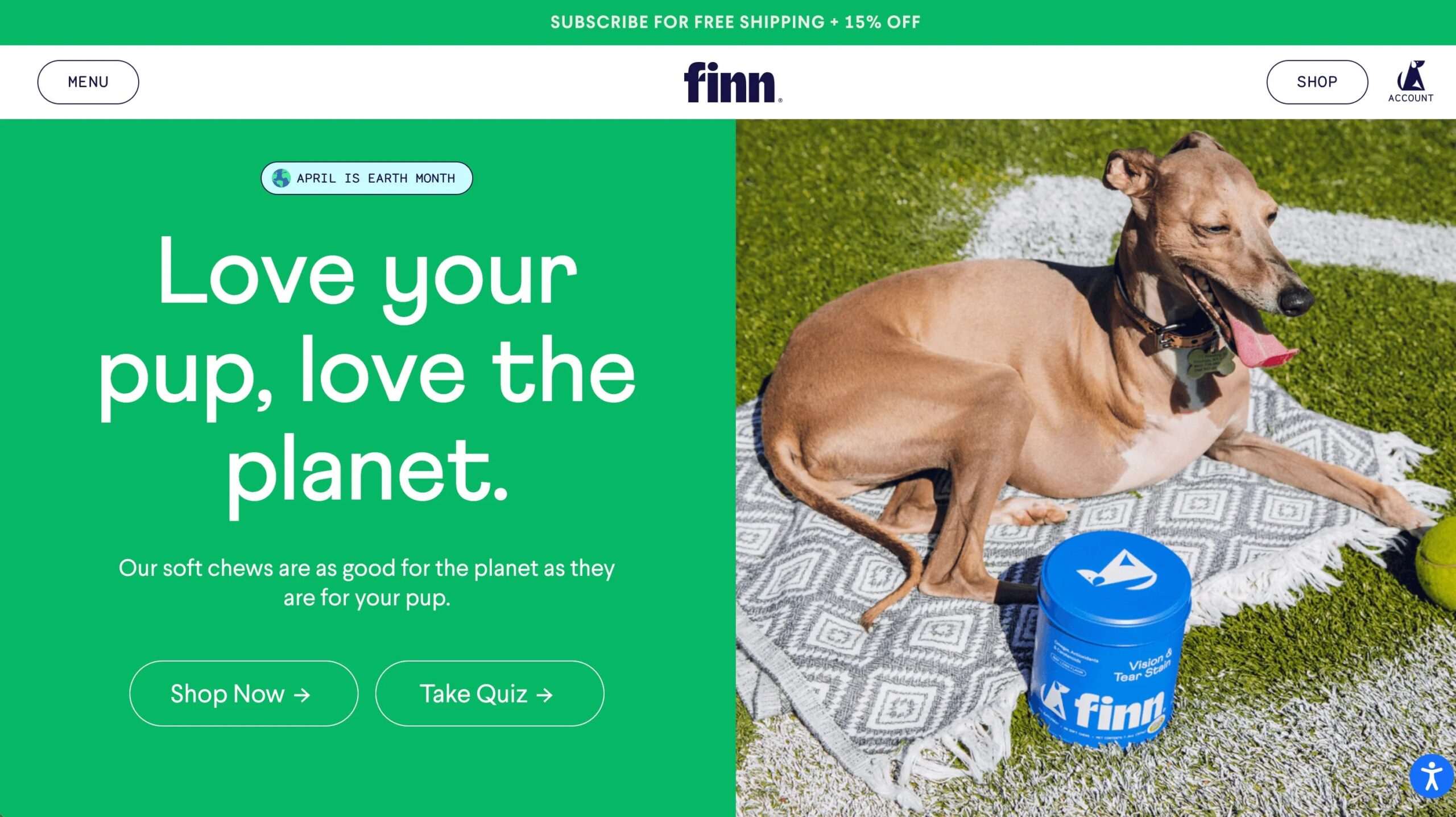 Finn website showing simple fonts and image of greyhound dog with treats.