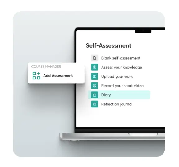 A screenshot showing the self-assessment features offered by LearnWorlds Assessment Builder.