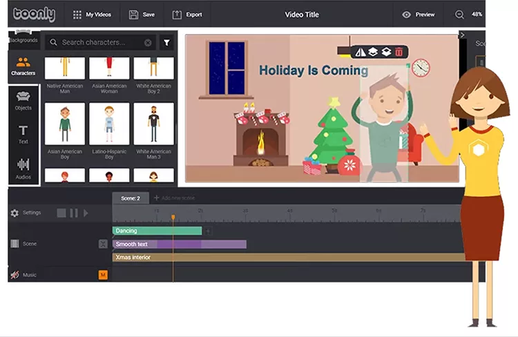 A computer screen displays animation software with a holiday scene in progress, showing a decorated fireplace and tree. A female character stands beside the screen, appearing to present the project.