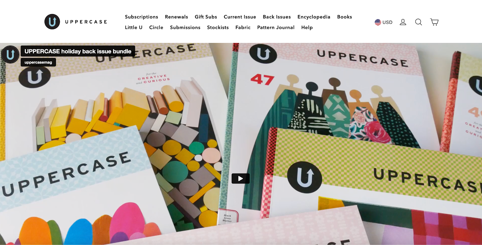 The homepage for UPPERCASE magazine features a video of magazine issues and the navigation bar.