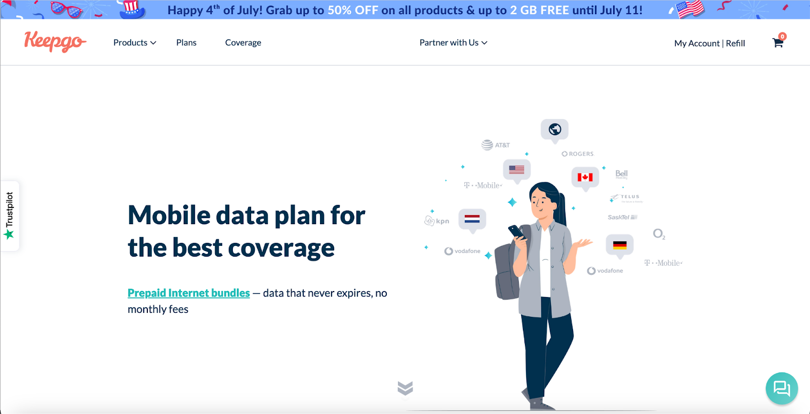 Keepgo homepage with a woman on a phone and copy reading: Mobile data plan for the best coverage.