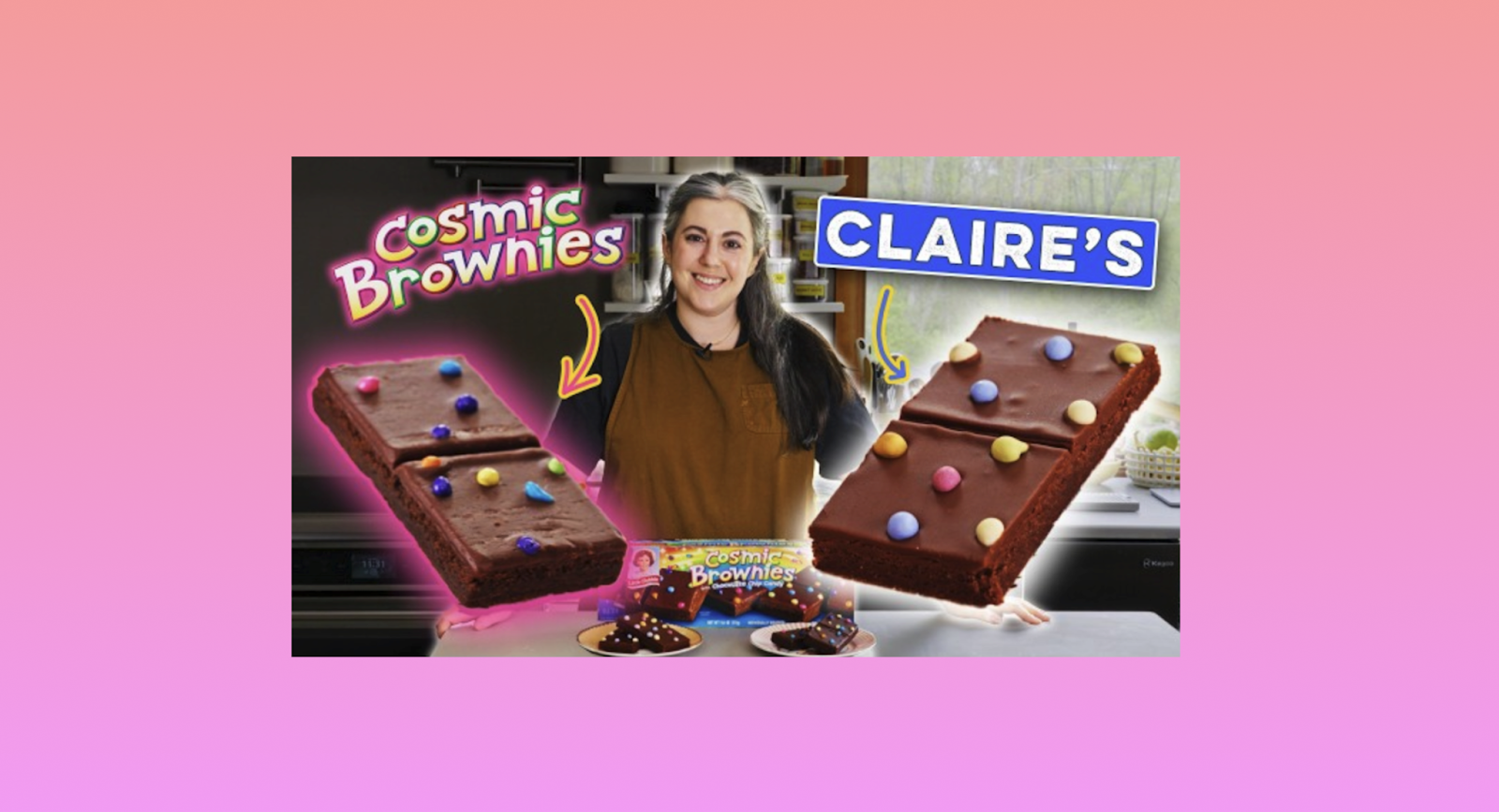 Claire Saffitz’s cosmic brownies recipe YouTube thumbnail shows her smiling at the viewer.