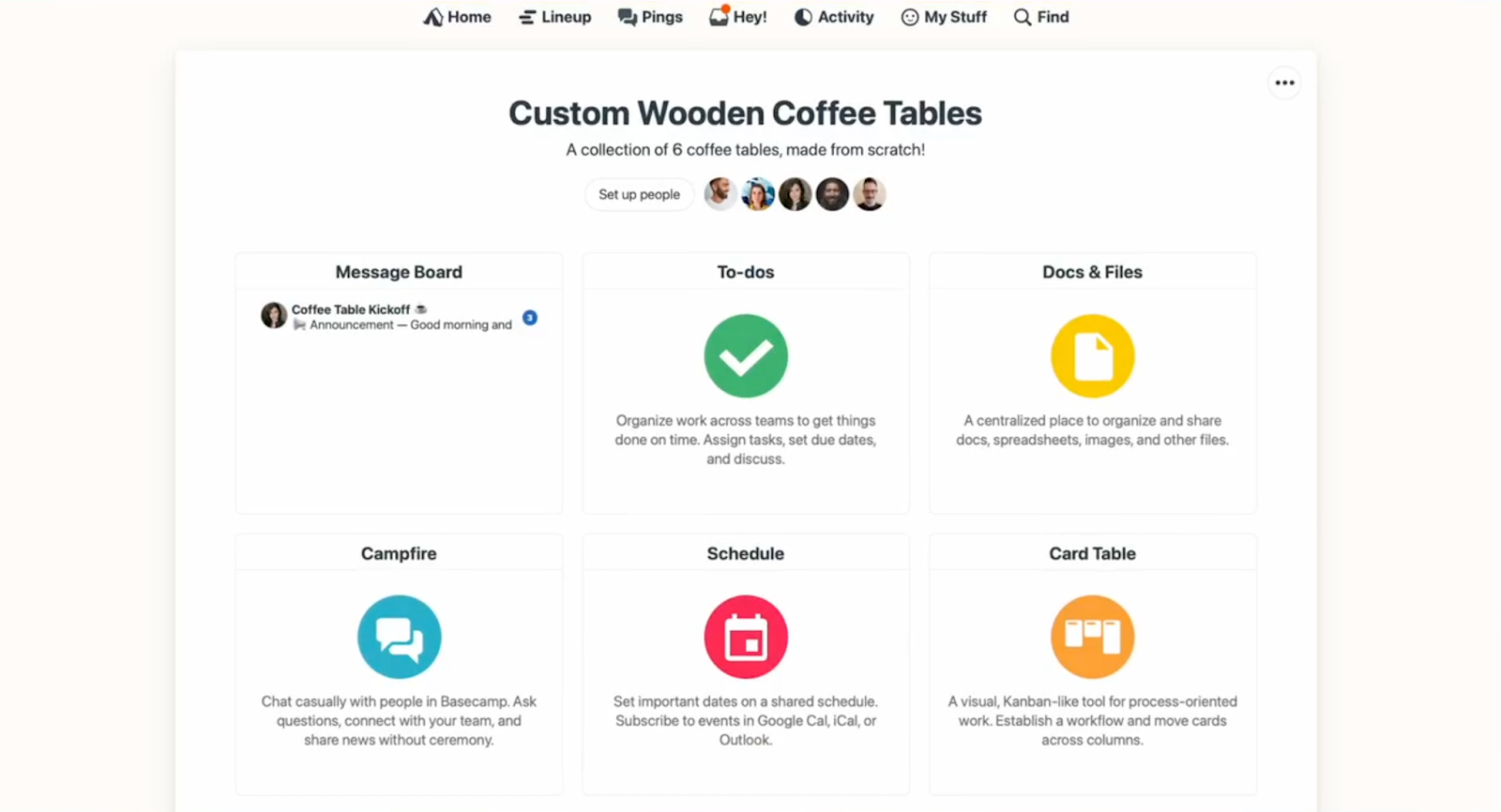 Basecamp, project management tool being used to organize a table project.