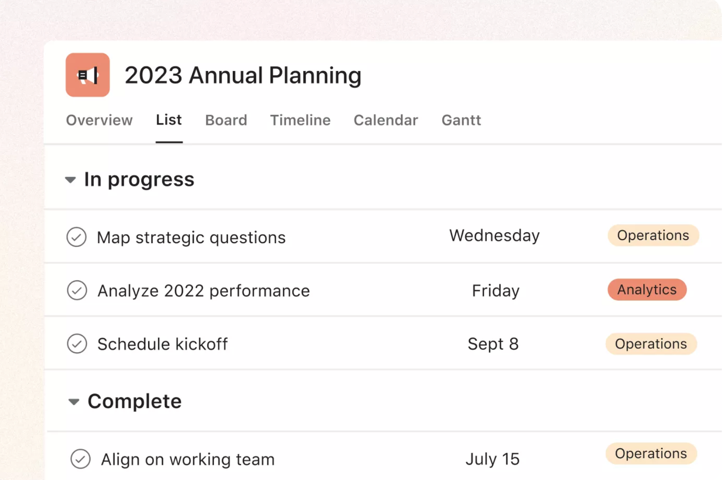 Project management tool, Asana begin used for annual planning with list of tasks in progress