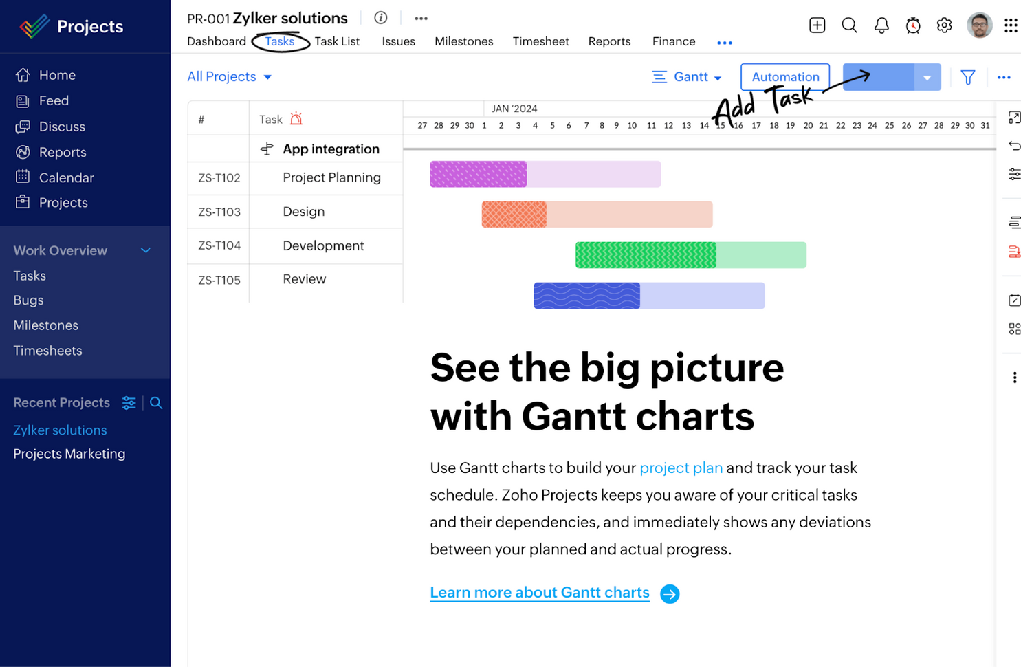 Zoho projects showing Gantt charts in project planning.