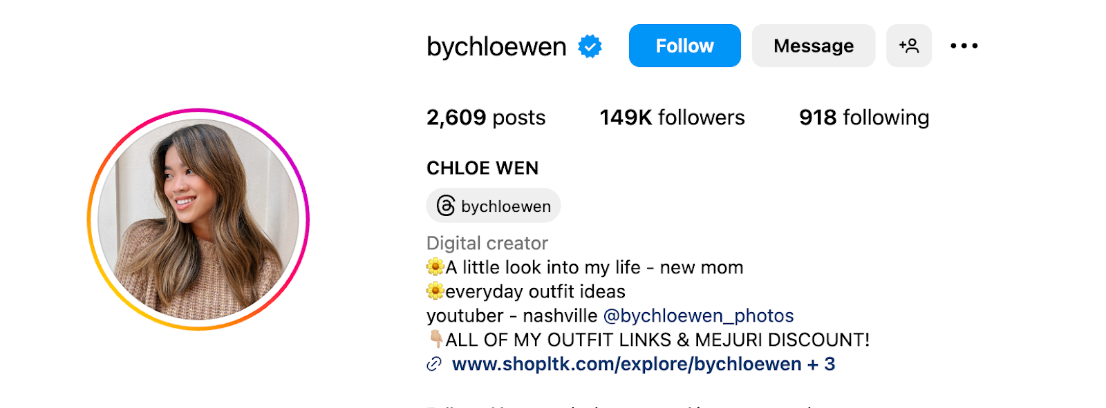 Instagram bio for Chloe Wen, with 149,000 followers, a photo of her and links to outfits.