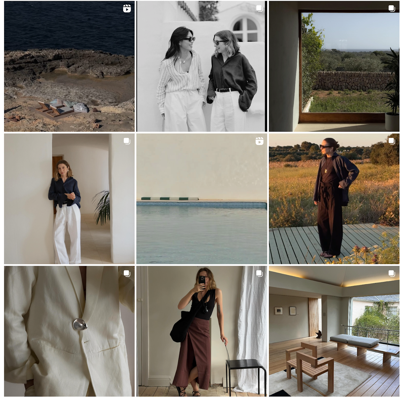 Nine images of minimalistic outfits and scenery on Brittany Bathgate’s Instagram page.