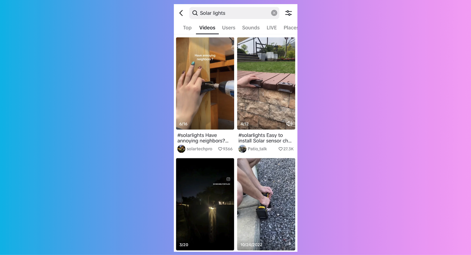 TikTok search results for solar lights showing installation videos.