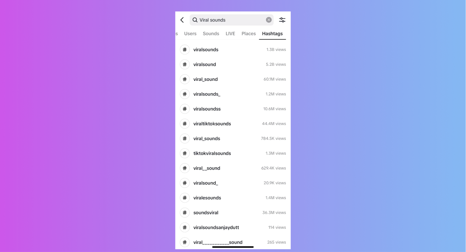 TikTok search results for hashtags containing the term “viral sounds” with view counts.