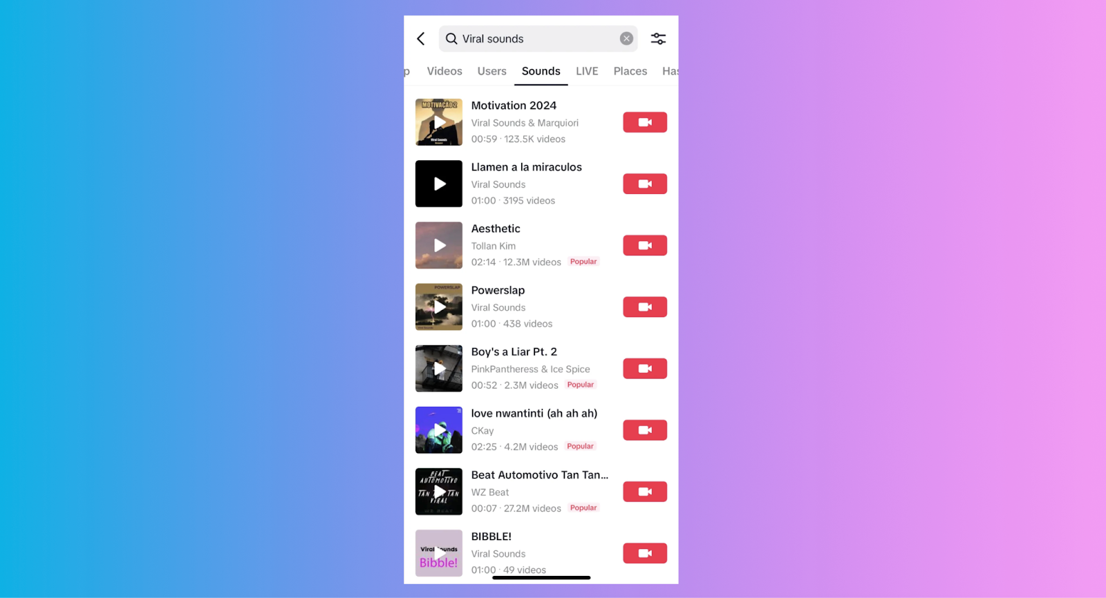 TikTok search results for viral sounds including songs.