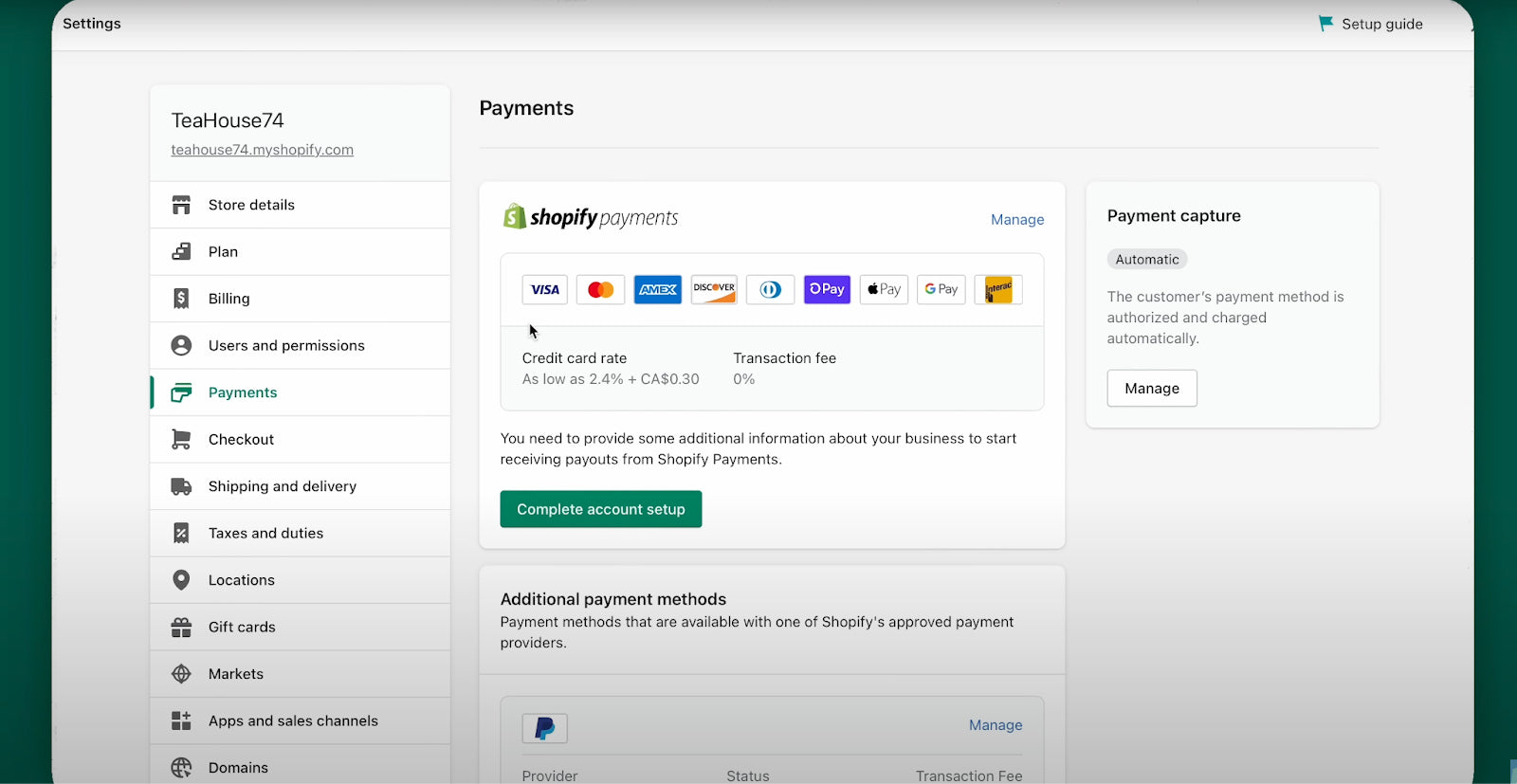 Shopify’s Payments section showing payment options available for Shopify stores.