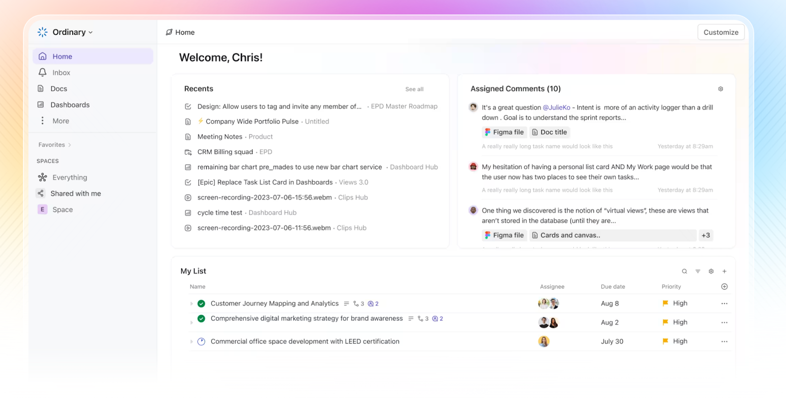 Project management tool, Clickup, dashboard showing tasks list.