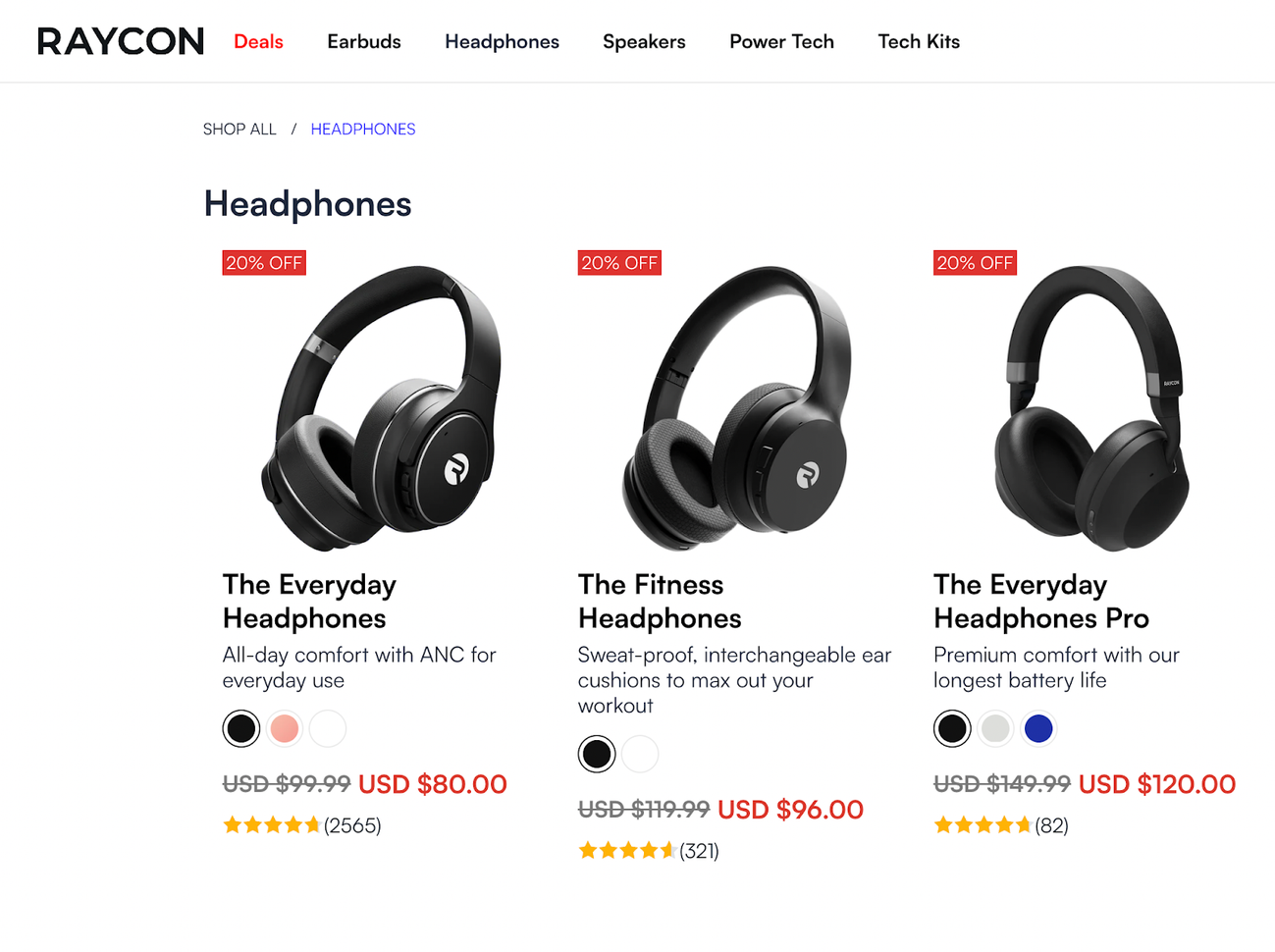 Product category page Raycon headphones with different features at different price points.