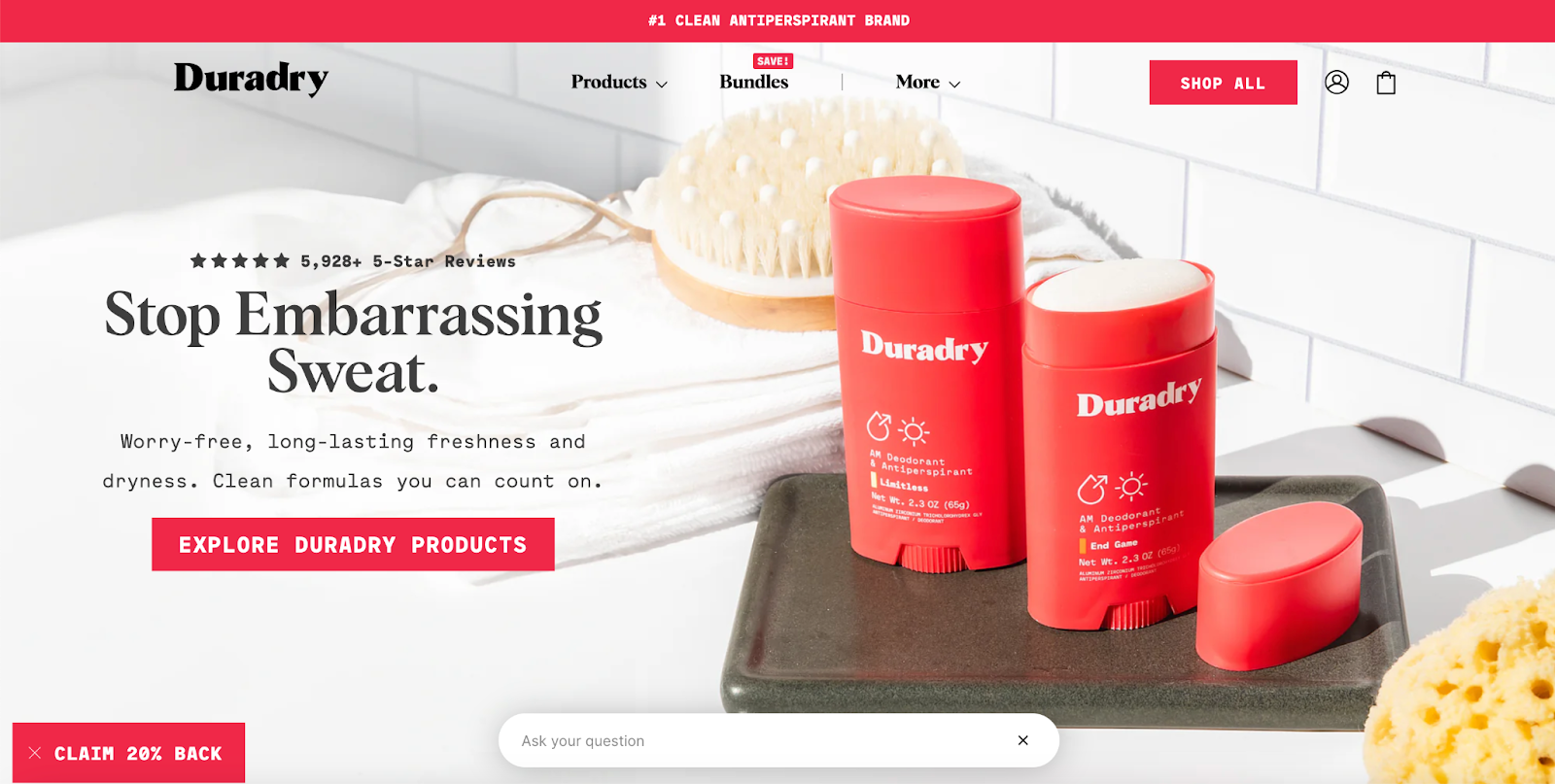 Duradry deodorant on a tray in a white-tiled bathroom. The copy says, Stop Embarrassing Sweat.