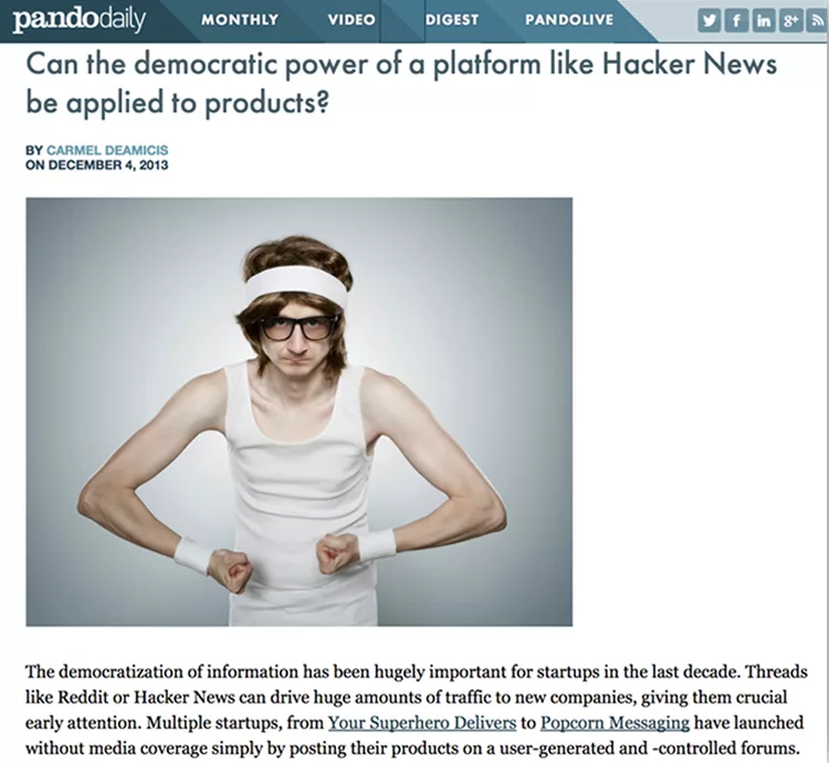 Person in athletic gear poses with a determined expression, set against a plain backdrop. Text discusses the influence of platforms like Hacker News on product marketing.