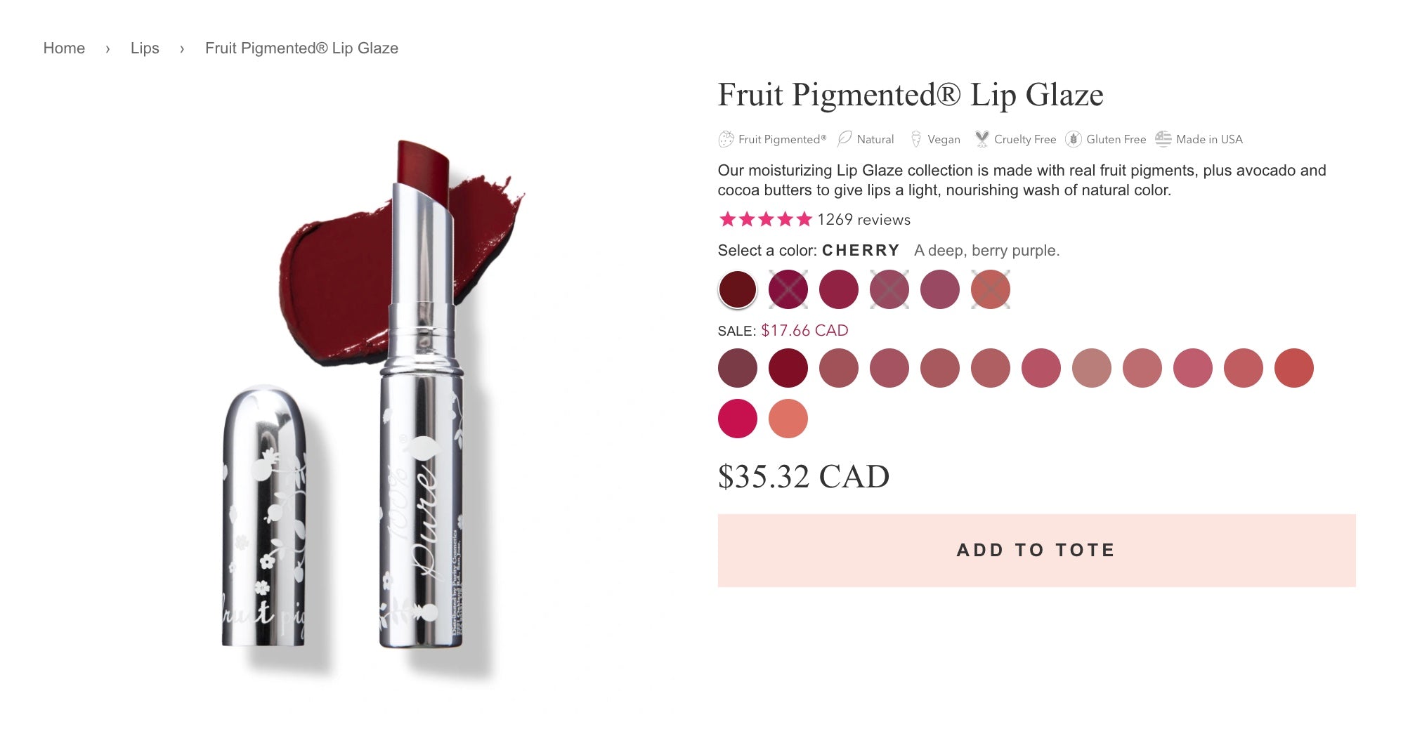 100% Pure product page screengrab featuring a lip stain