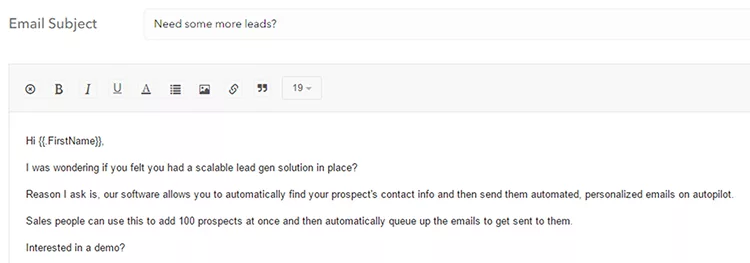 Screenshot of an email draft offering a lead generation solution with automated, personalized emails. The draft includes an invitation for a demo.