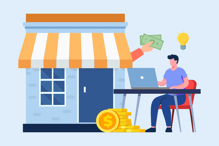 Illustration of a person at a desk with a laptop, a large hand offering money, a storefront with an awning, a light bulb, and a stack of coins with a dollar symbol.