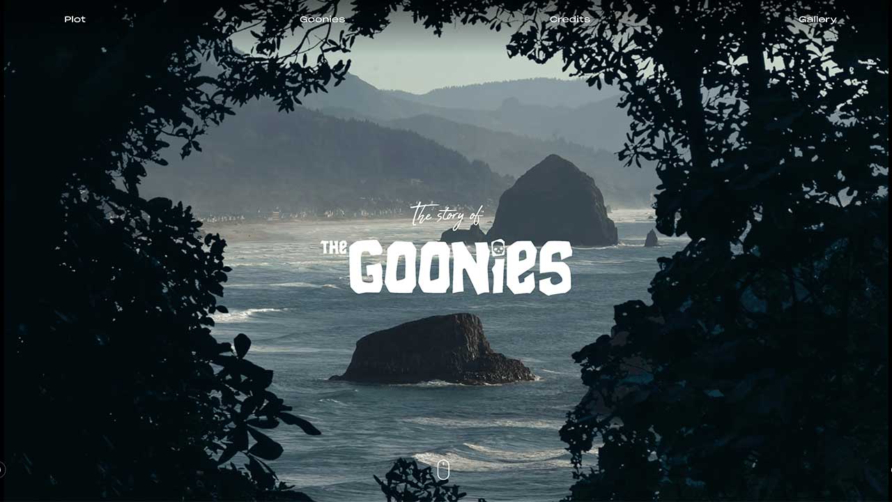 The Goonies website homepage shows a promotional image from the film with the title overlaid on top of it.