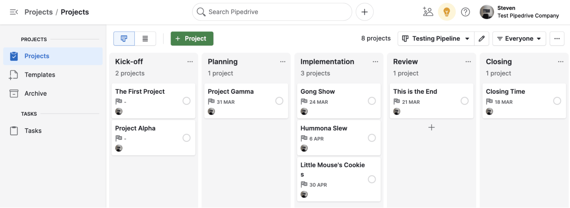 A screenshot of Projects by Pipedrive