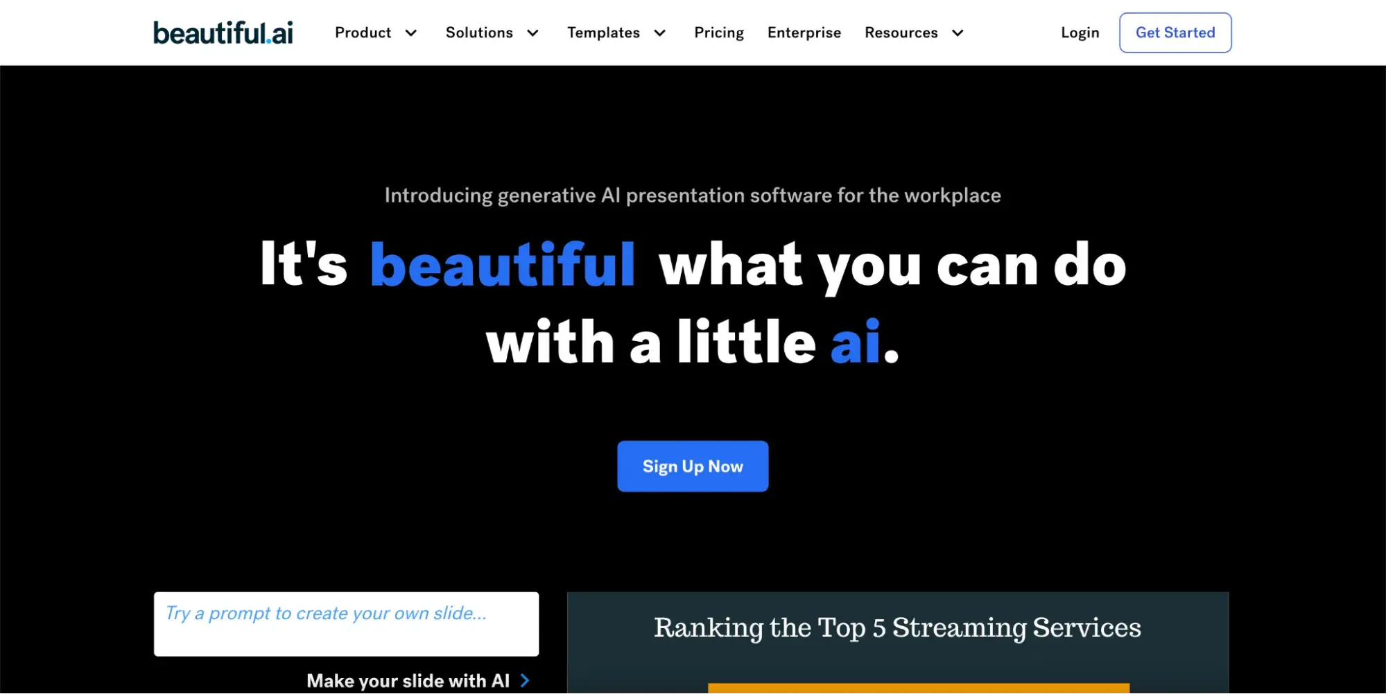 AI marketing tools; screenshot of Beautiful AI’s homepage