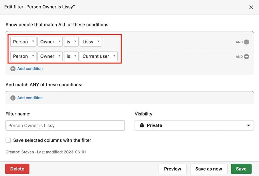 Action plan template Pipedrive filtering