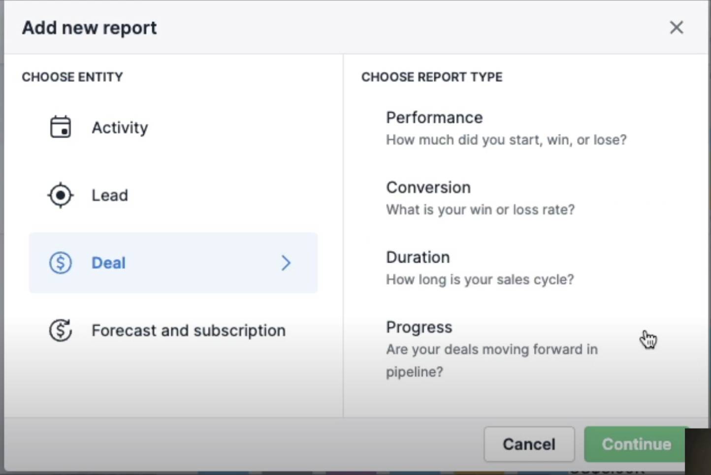 BI reporting Pipedrive add new report menu