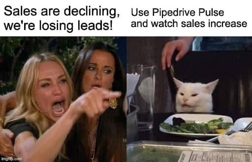 CRM Meme Pipedrive Pulse Lady pointing and yelling at cat