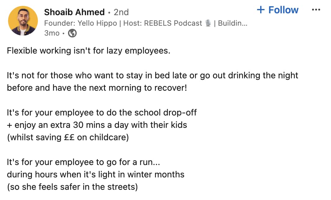 Flexible working LinkedIn post Shoaid Ahmed