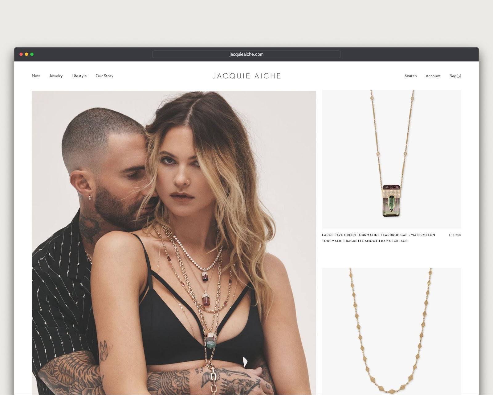 Jacquie Aiche homepage featuring celebrities Adam Levine and Behati Prinsloo in pendant necklaces.