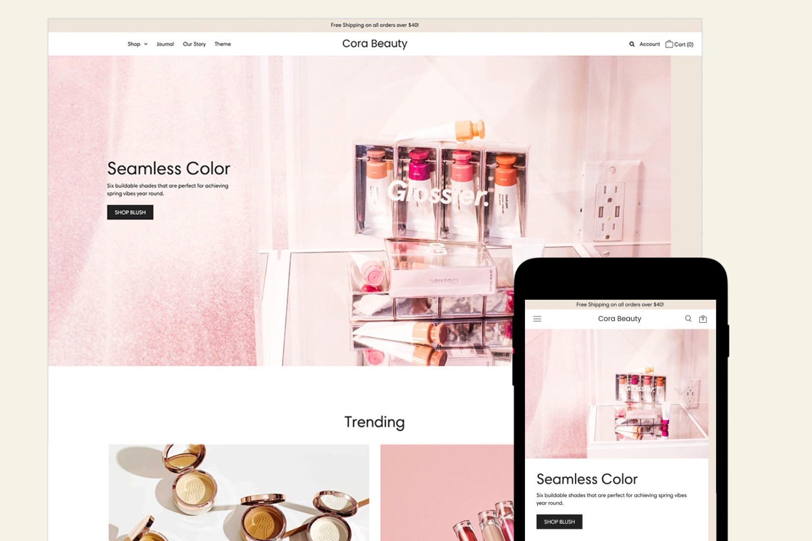 Example of a Shopify theme on a desktop and phone view