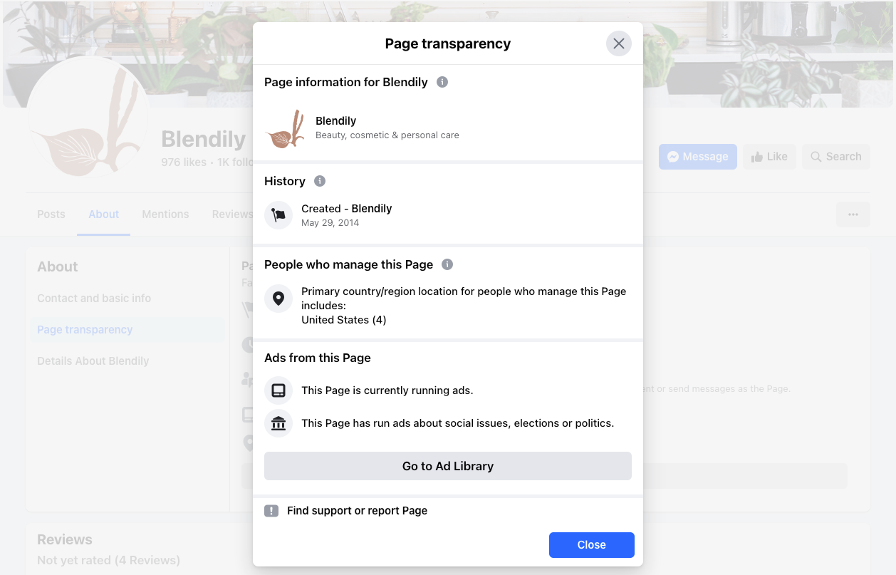 Screenshot of the Blendily page transparency page within its Facebook business page