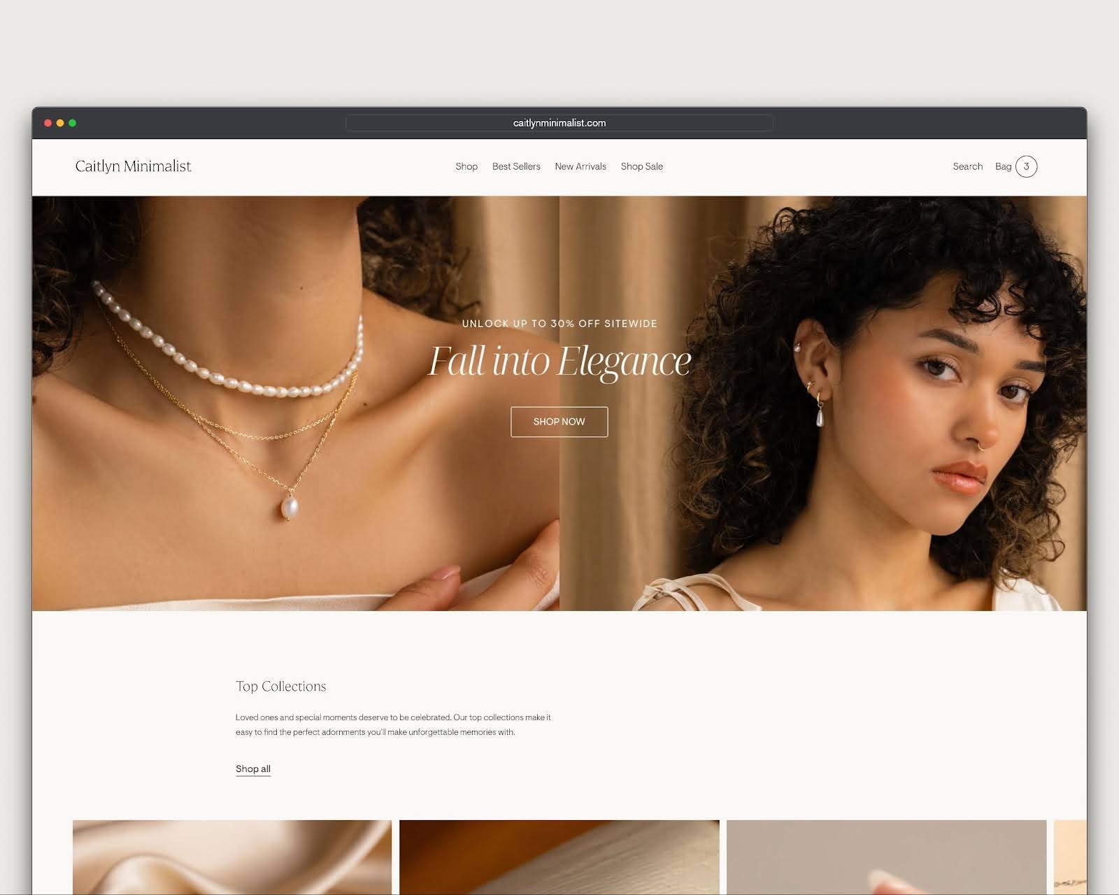 Caitlyn Minimalist homepage with hero images of a woman wearing pearl earrings and necklaces.