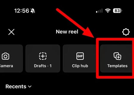 Screenshot showing where to access video templates within the Instagram app.