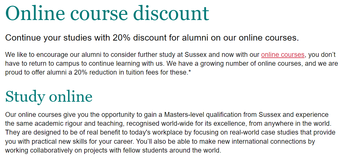 University of Sussex 20% discount to past graduates