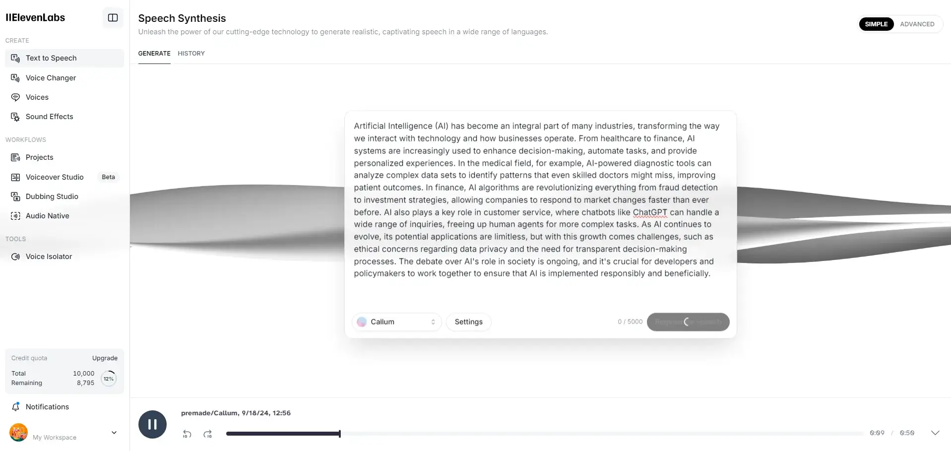 A screenshot of ElevenLabs' voice synthesis interface