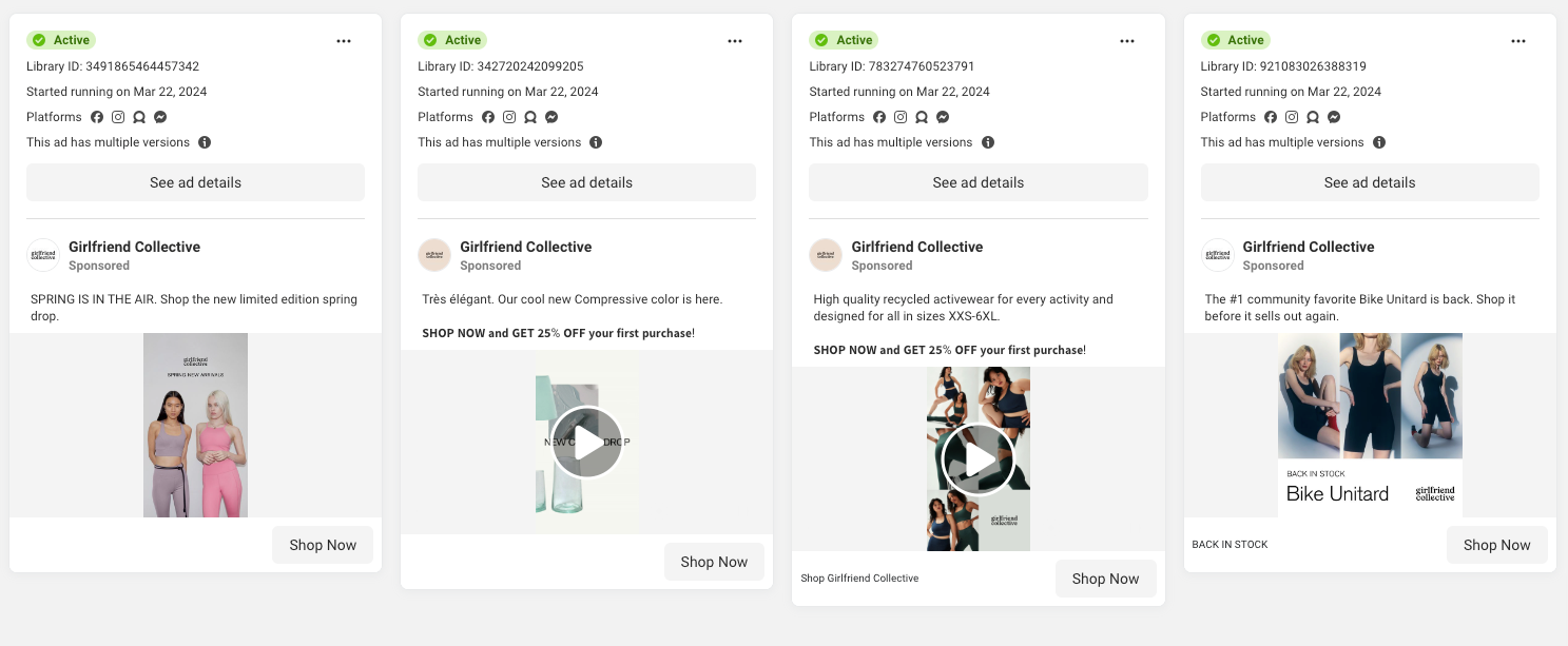 A screenshot of four different ads Girlfriend Collective is running