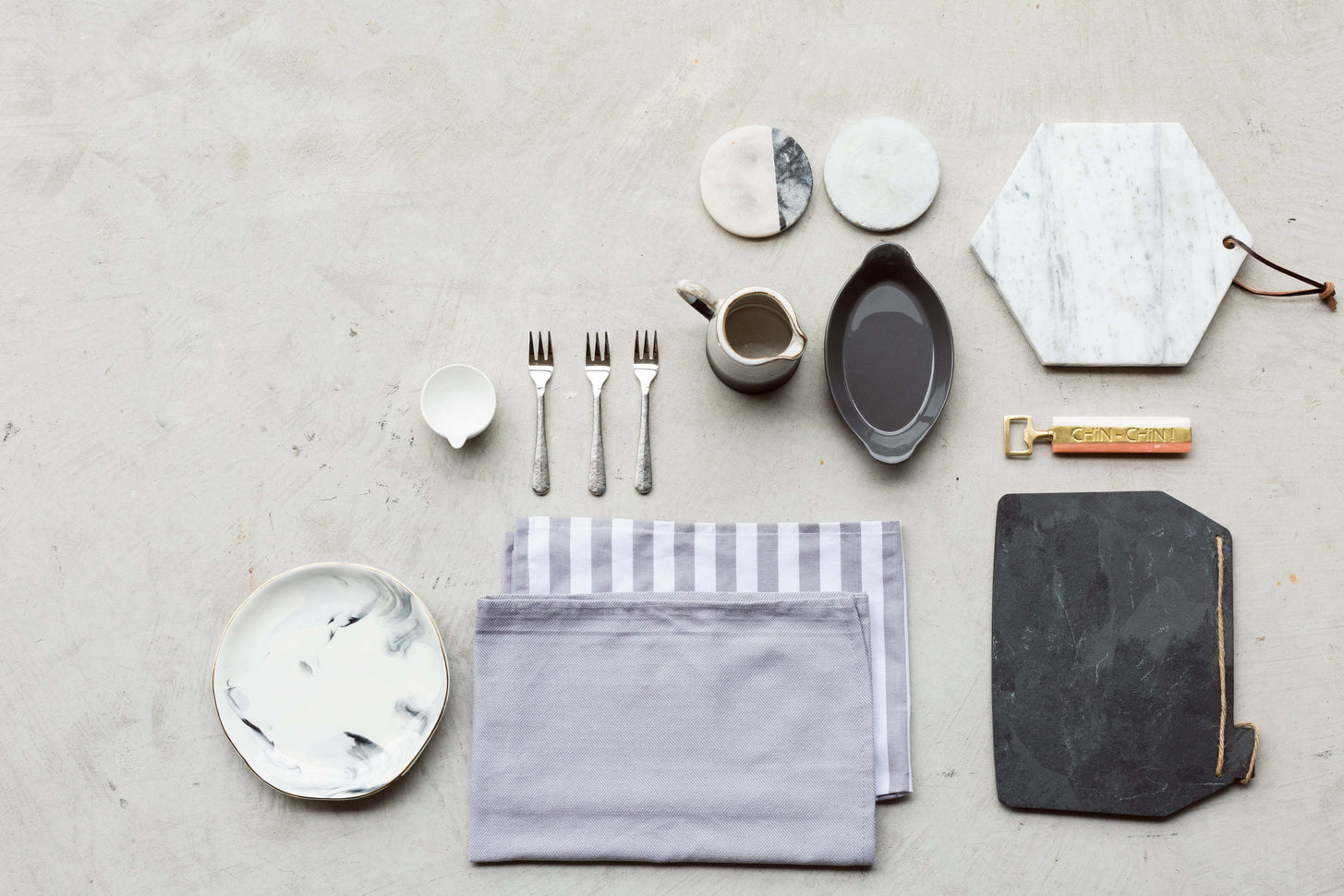 Small kitchen ware & ceramics in flatlay.