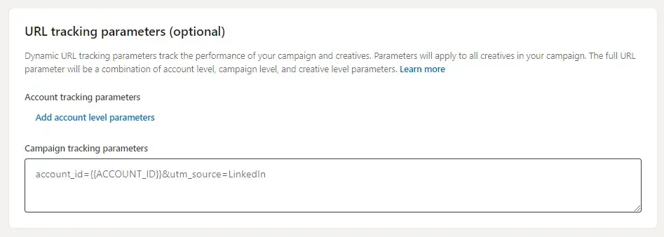 screenshot from the process of setting up a LinkedIn advertising campaign showing the step where you set up a URL parameter.