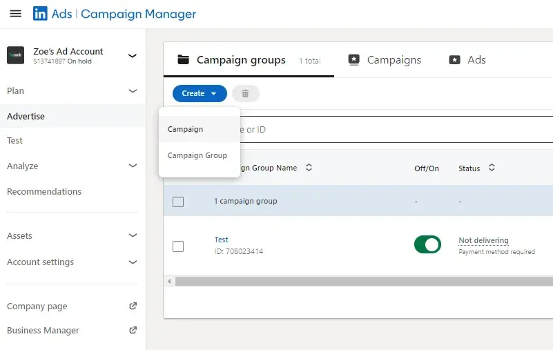 Screenshot from my LinkedIn advertising account showing where the create campaign button is so readers can understand how LinkedIn advertising works.