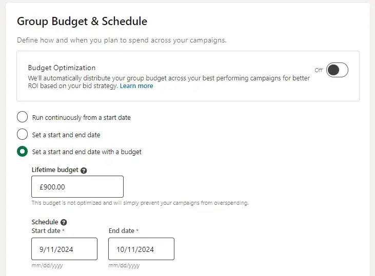 This is a screenshot from my test LinkedIn paid ad. It shows how I would set up a budget and schedule.